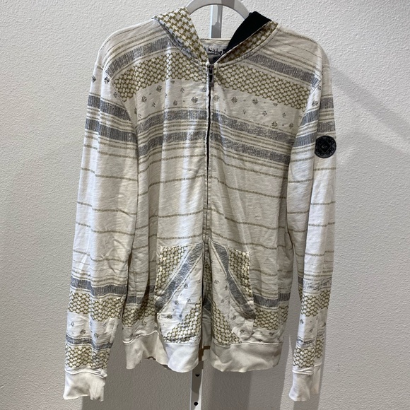 Quiksilver Full Zip Hooded Sweatshirt Medium White Brown Stripe Pattern - Picture 1 of 7